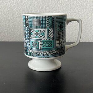 Holt Howard Blue Teal Patterned Mug 7994 // Pedestal Base Footed Coffee Tea Cup